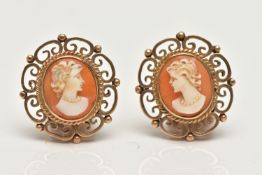 A PAIR OF YELLOW METAL CAMEO EARRINGS, each earring set with a carved shell cameo, depicting a