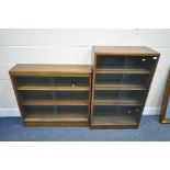 TWO 20TH CENTURY KEAN AND SCOTT OAK BOOKCASES, with two glass sliding doors, tallest width 69cm x
