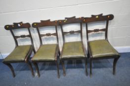 A SET OF FOUR REGENCY MAHOGANY BAR BACK CHAIRS, with olive green leather seat pads, on sabre legs (