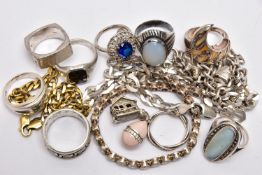 A BAG OF ASSORTED JEWELLERY, to include nine white metal rings of various designs, four have full