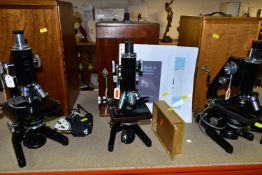 THREE WATSON MONOCULAR SERVICE MICROSCOPES, comprising of one No1 and two No2, two electric lamps