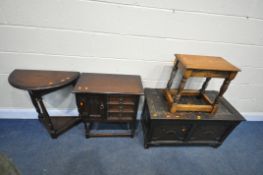 A SELECTION OF OAK OCCASIONAL FURNITURE, to include a panelled blanket box, with hinged lid, width