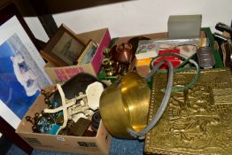 THREE BOXES AND LOOSE METALWARES, PICTURES AND SUNDRY ITEMS, to include three boxed mid twentieth