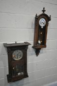 A LATE 19TH CENTURY WALNUT WALL CLOCK, with finials to case, brass and enamel dial, with roman