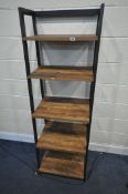 A FIVE TIER WATERFALL BOOKCASE, with metal frame, width 59cm x depth 49cm x height 173cm (