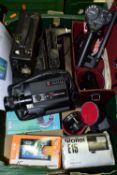 ONE BOX OF VINTAGE CAMERA EQUIPMENT, to include a Nikon PK-13 and PK-11A extension tube with case, a