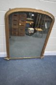 A VICTORIAN GILT FRAMED DOMED OVER MANTEL MIRROR, 108cm x 117cm (condition - peeling to gilt missing