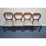 A SET OF FOUR VICTORIAN MAHOGANY BALLOON BACK CHAIRS, with grey upholstered seat pads, on turned and