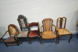 A SELECTION OF PERIOD CHAIRS, to include a 19th century ebonised hall chair, with birds and