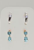 TWO PAIRS OF GEM SET EARRINGS, the first a pair of curved drop earrings each set with a circular cut