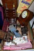 ONE BOX OF VINTAGE ITEMS TOGETHER WITH AN ENFIELD RAILWAY CLOCK, oak circular case, brass bezel,