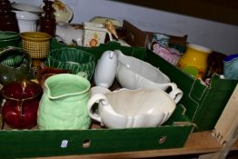 THREE BOXES OF CERAMICS, to include a quantity of mid - century Pottery planters and vases, two