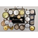 A BOX OF ASSORTED POCKET WATCHES AND ITEMS, to include a larger open face pocket watch, key wound,