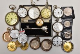 A BOX OF ASSORTED POCKET WATCHES AND ITEMS, to include a larger open face pocket watch, key wound,