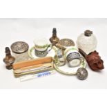 A BOX OF SILVER, COLLECTABLES, ETC, including a pair of Foley China coffee cans and saucers, the