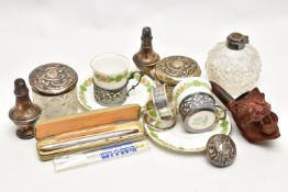 A BOX OF SILVER, COLLECTABLES, ETC, including a pair of Foley China coffee cans and saucers, the