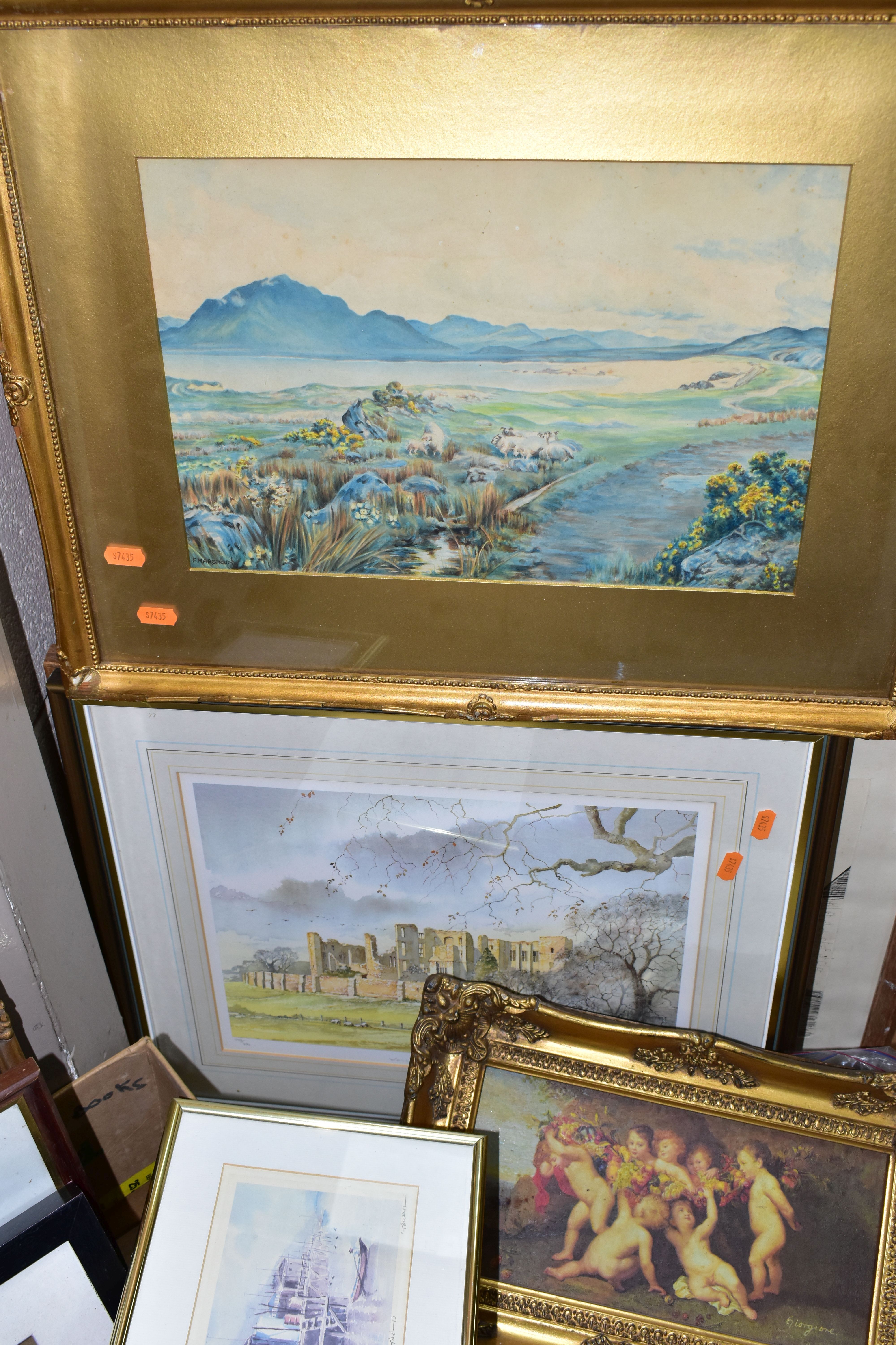 A BOX AND LOOSE PAINTINGS AND PRINTS ETC, to include two early 20th Century landscape watercolours - Image 2 of 5