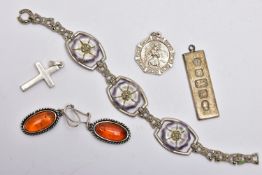 A BAG OF ASSORTED JEWELLLERY, to include a silver ingot pendant hallmarked Sheffield 1977, a white