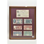 A FRAMED DISPLAY OF SEVERN UK BANKNOTES, with Bank of England Sept 1944 London white Five Pound
