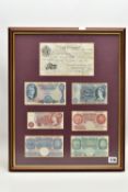 A FRAMED DISPLAY OF SEVERN UK BANKNOTES, with Bank of England Sept 1944 London white Five Pound