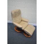 A STRESSLESS EKORNES CREAM LEATHER RECLINING ARMCHAIR, width 78cm, along with a matching