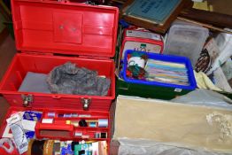 FOUR BOXES OF ASSORTED ARTS AND CRAFTS AND HABERDASHERY ITEMS, to include a collection of vintage