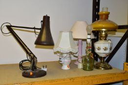 AN ANGLEPOISE LAMP AND FOUR OTHER LAMPS, comprising a brown Anglepoise adjustable desk lamp,