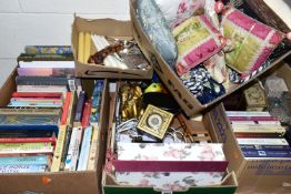 FIVE BOXES OF BOOKS AND HOUSEHOLD SUNDRIES, to include approximately fifty books of assorted titles,