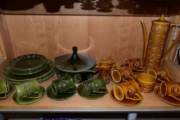 AN AMBER PORTMEIRION TOTEM PATTERN COFFEE SET TOGETHER WITH GREEN TOTEM DINNER WARES, comprising one