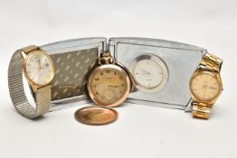 A GOLD PLATED 'WALTHAM' POCKET WATCH, TWO 'SEIKO' WRISTWATCHES AND A TABLE CLOCK, manual wind,