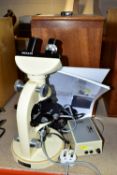 WILD HEERBRUGG M11 BINOCULAR MICROSCOPE, complete with wooden box Kohler lamp and power supply?