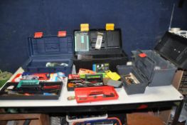 FOUR PLASTIC TOOLBOXES CONTAINING TOOLS including hammers, drill bits, pliers, screwdrivers, pipe