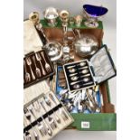 A BOX OF ASSORTED WHITE METAL WARE, to include a pair of silver on copper candlesticks, a silver