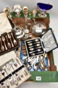 A BOX OF ASSORTED WHITE METAL WARE, to include a pair of silver on copper candlesticks, a silver
