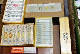 A BOX CONTAINING SMALL BOXES OF PREPARED MICROSCOPE SLIDES, subjects include botanical specimens,