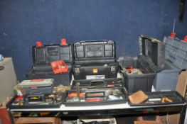 FIVE PLASTIC TOOLBOXES CONTAINING TOOLS including Rabone and Chesterman engineers square and Tri