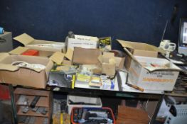 NINE BOXES OF TOOLS AND ACCESSORIES including Forstner bits, two glue guns, a vintage blow torch,