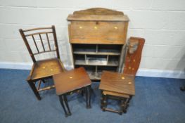 A SELECTION OF OCCASIONAL FURNITURE, to include a slim oak fall front bureau, 68cm x depth 24cm x