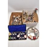 A BOX OF ASSORTED ITEMS, to include a cased tea spoon set, encasing ten teaspoons and sugar tongs (
