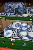 TWO BOXES OF BLUE AND WHITE DINNER WARES, to include Burleigh Ware 'Willow' pattern mugs,