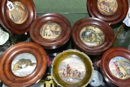 SEVEN FRAMED VICTORIAN PRATTWARE STAFFORDSHIRE POT LIDS, Country Quarters, The High Life, The Snow