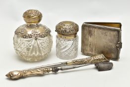 TWO SILVER AND GLASS VANITY BOTTLES, BUTTON HOOK AND STILTON SCOOP, the first a round glass scent