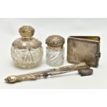 TWO SILVER AND GLASS VANITY BOTTLES, BUTTON HOOK AND STILTON SCOOP, the first a round glass scent