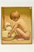 ALAIN DEQUET (1920-1980) 'WRINGING OUT THE SPONGE', a portrait of a naked child with a bowl of water