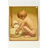 ALAIN DEQUET (1920-1980) 'WRINGING OUT THE SPONGE', a portrait of a naked child with a bowl of water