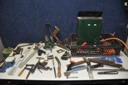 A TRAY OF VINTAGE TOOLS to include various clamps and vices, vintage wooden hand drill, files,