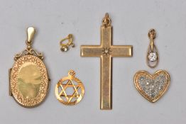 FIVE PENDANTS, to include a 9ct gold oval locket pendant, a/f, detailed with a scrolling pattern and