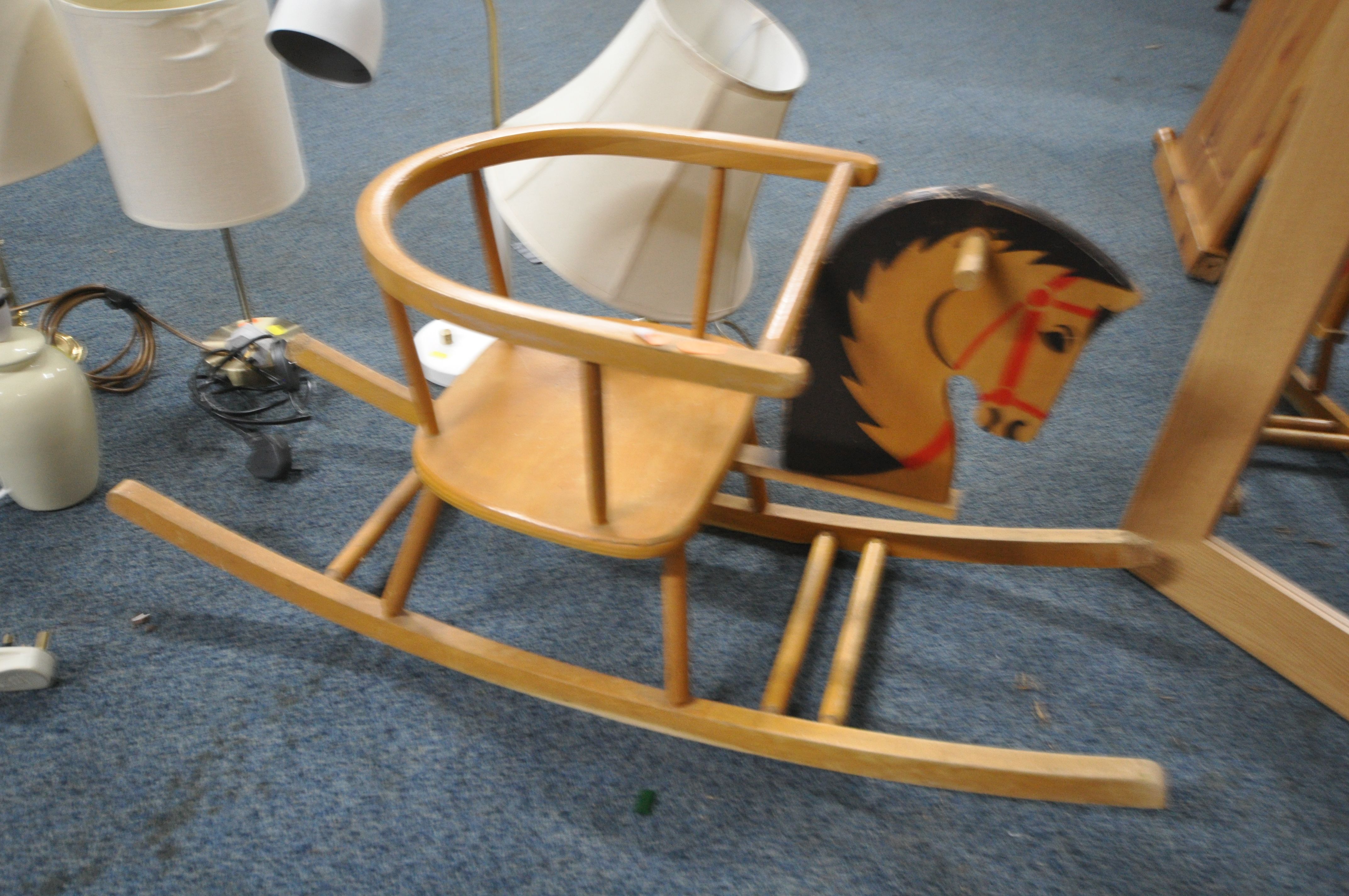 A DOLLS BOW ROCKING HORSE, along with six table lamps including two brass lamps, and a wall - Image 2 of 3