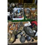 THREE BOXES AND LOOSE METAL WARES ETC, to include horse brasses, brass Buddha approximate height