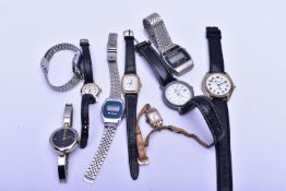 A BOX OF ASSORTED WRISTWATCHES, nine watches in total mens and womens, names to include 'Saxon,